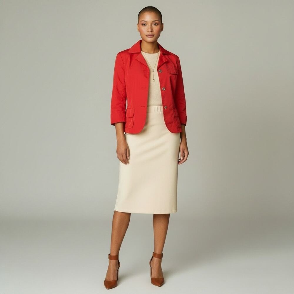 Lida Baday Jacket Size 8 Single Breasted Poly / Silk Short Length w 3/4 Sleeves